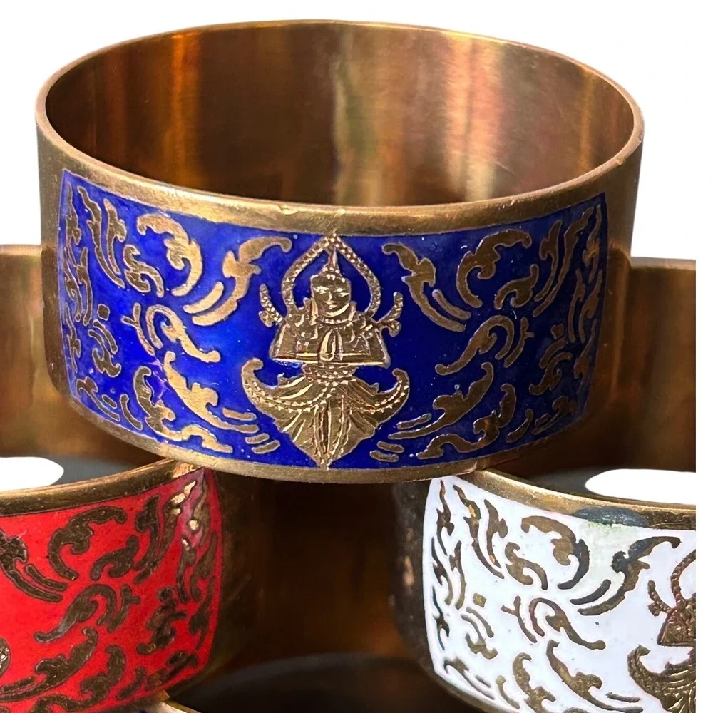 Vintage Thai Bronze Enameled Napkin Rings Etched Buddha Set of 6 Multi Color
